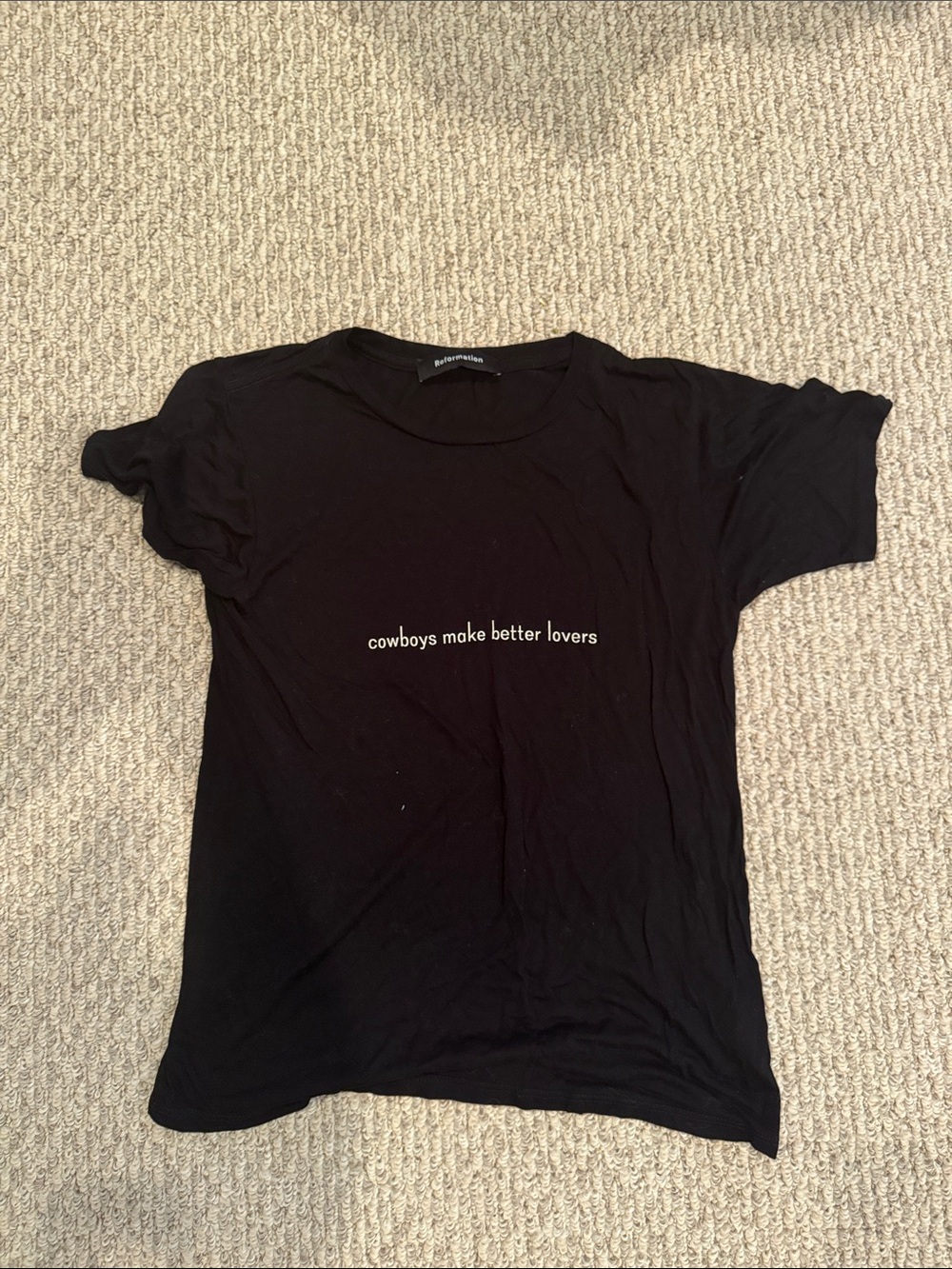 Reformation Black Short-Sleeve Tee with White Center Slogan